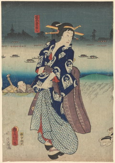 Toyokuni Utagawa - Evening; Woman in Blue Kimono on Roof
