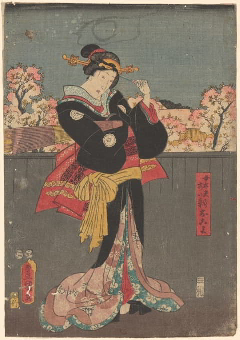 Toyokuni Utagawa - Woman with Black Wrap against Grey Fence [cherry trees in bloom in background]