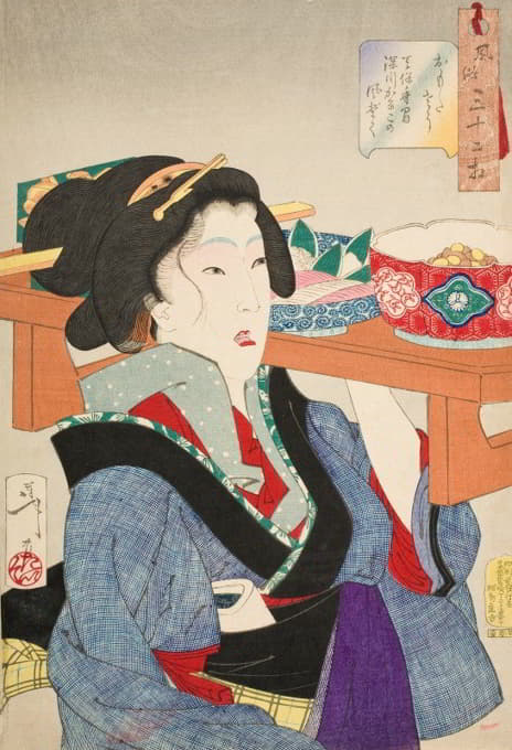 Tsukioka Yoshitoshi - Looking Weighed Down; The Manner of a Waitress at Fukagawa in the Tenpō Era