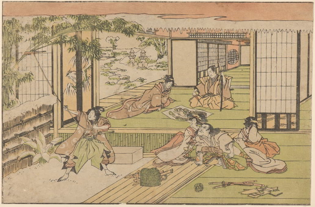 五个身影注视着一个用绳子拴竹子的男人