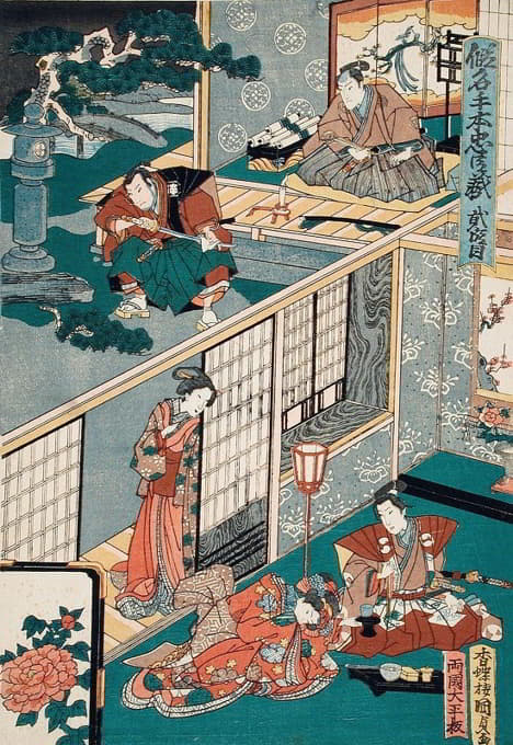 第二幕；Wakasanosuke看着Honzō在砍下一根松枝后擦剑；Konami用点心招待Rikiya。
