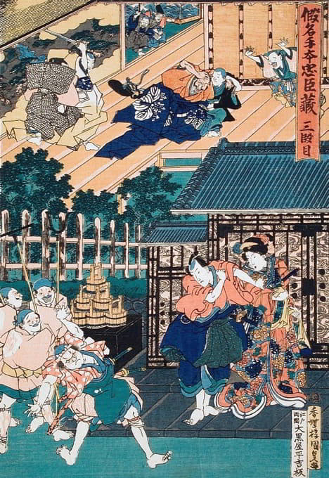 第三幕：恩雅被Honzō拘禁，以防攻击莫罗瑙；Kampei将Bannai派到城堡外接受Honzō的礼物，据说是Wakasanosuke送的