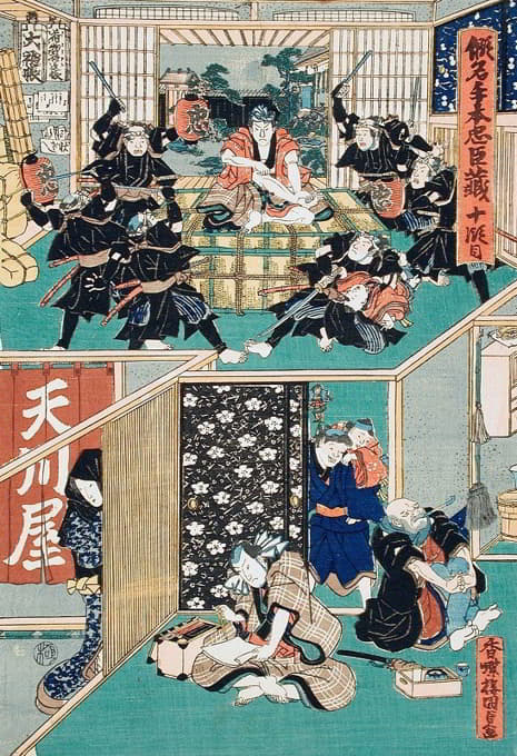 Utagawa Kunisada (Toyokuni III) - Act X; Gihei, Proving His Loyalty, Defies the Rōnin to Move Him; Gihei Writing a Letter of Divorce before His Father-in-Law