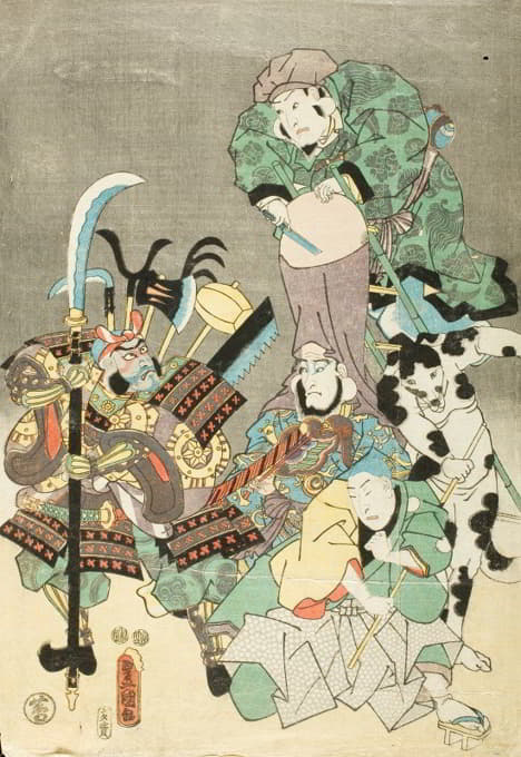 演员如Ebisu、Fukurokuju、Benkei、Fox和Hunter，风格为Ōtsu-e