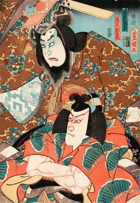 Utagawa Kunisada (Toyokuni III) - Fujiwara no Tokihira and Toneri Matsuōmaru from the Play Sugawara Denjū Tenarai Kagami