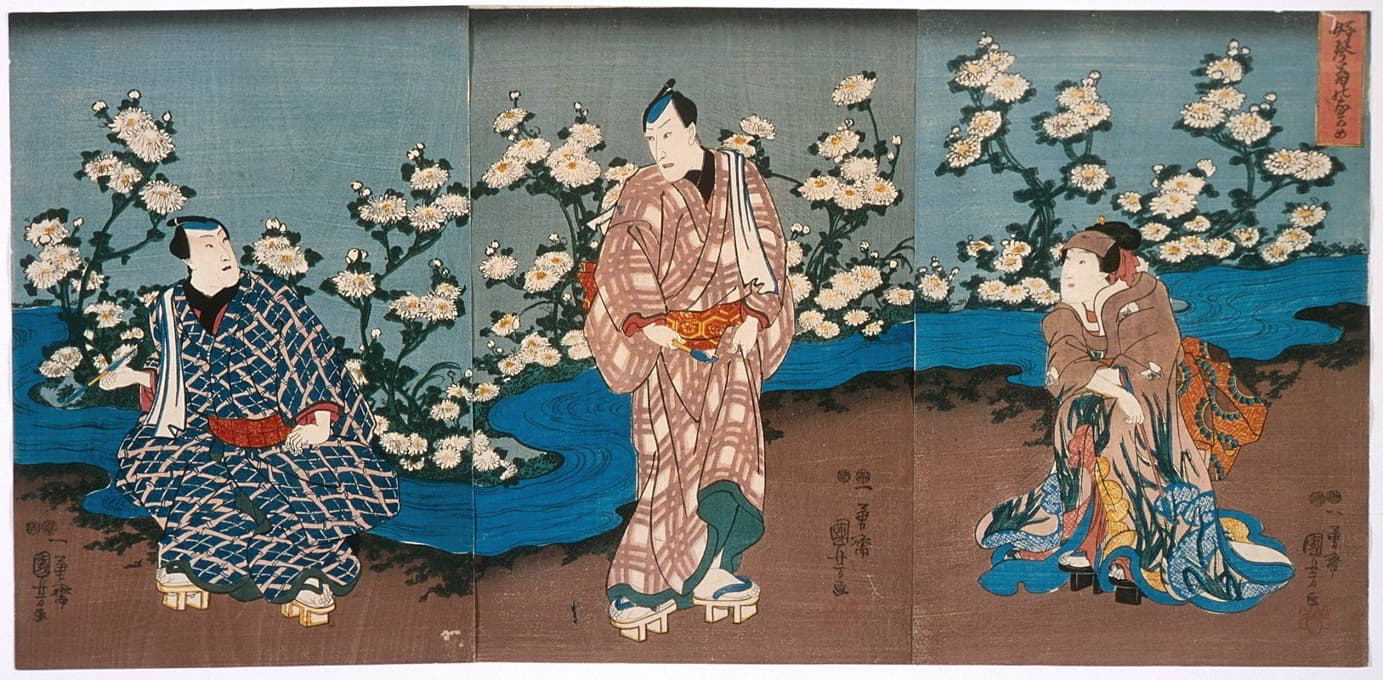 Utagawa Kuniyoshi - The Actor Onoe Kikugorō III Viewing Chrysanthemums and Stream
