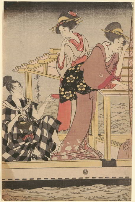 用四臂铲子网捕鱼（Yotsu Deami）（三联画的左部分）