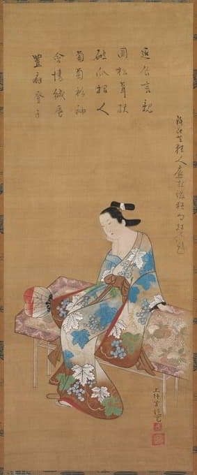 Kamigaki Hōryū - Courtesan Seated on a Bench Enjoying the Evening Cool in Summer