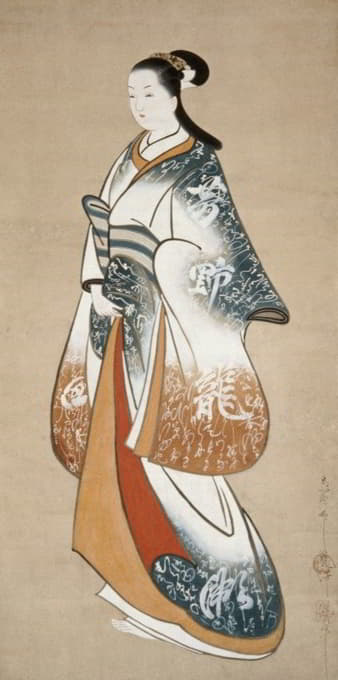 Takizawa Shigenobu - Standing prostitute wearing a kimono decorated with calligraphy