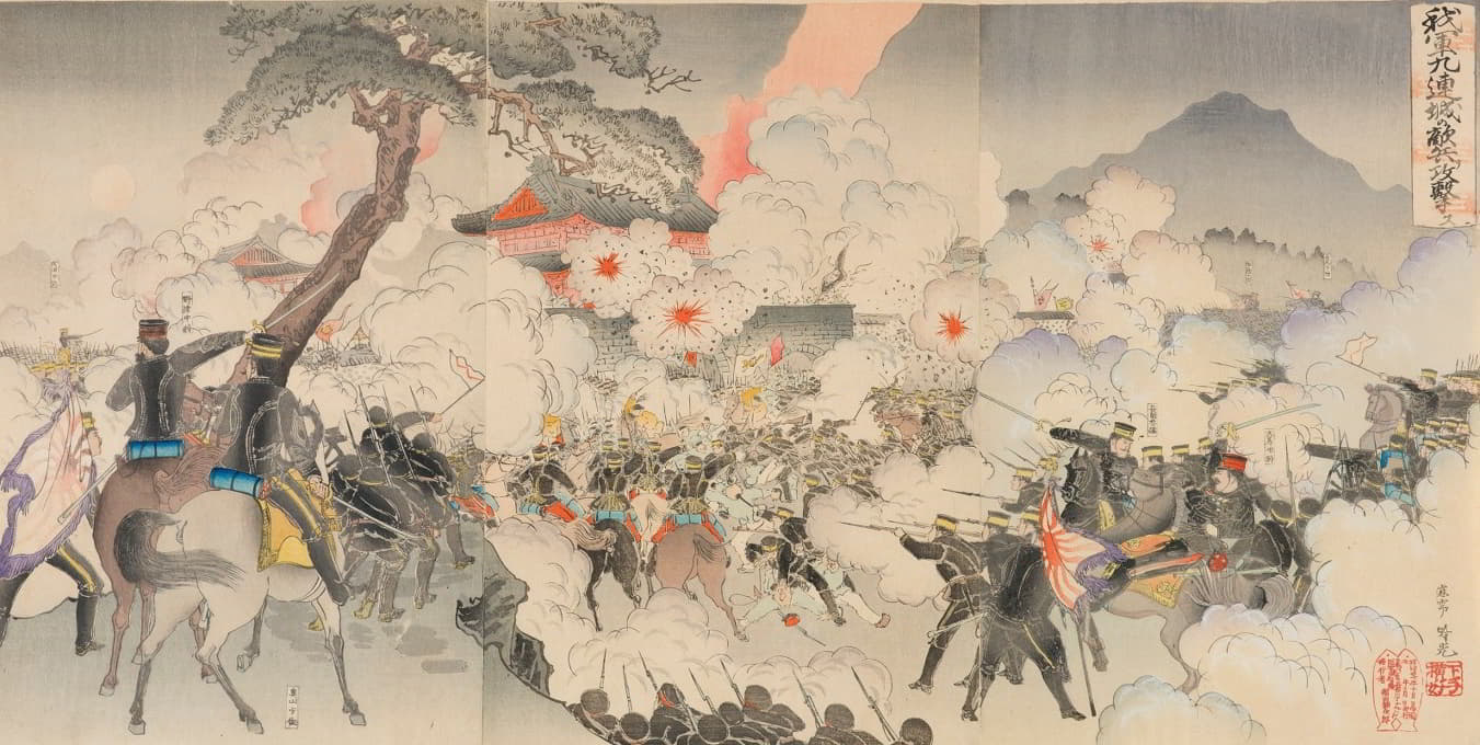 Adachi Ginkō - Our Army Attacking the Enemy Forces at Jiuliancheng