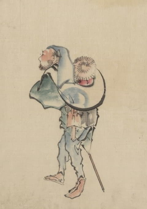 Katsushika Hokusai - A man walking to the left, with a large hat resting on his back and wearing sandals, holding a short staff possibly used to propell a boat