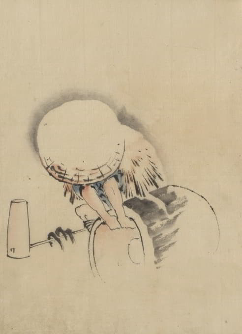 Katsushika Hokusai - A man, wearing a large conical hat and a straw or feather garment