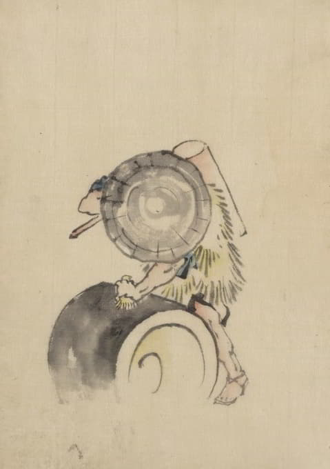 一个男人，戴着一顶大圆锥形帽子和一件稻草或羽毛衣服
