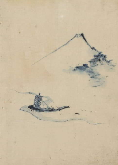 一个人坐在一条河上的小船上，背景是富士山