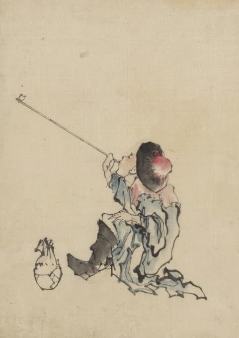 一个旅行者，坐着，穿着长袍、靴子和圆顶锥形帽子，抽着长长的烟斗