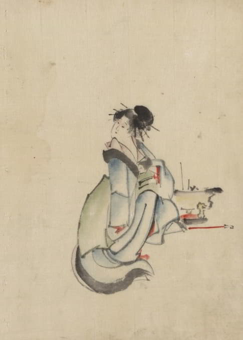 Katsushika Hokusai - A woman, possibly a courtesan, seated, facing right, with her head turned to look back over her right shoulder, wearing several hairpins