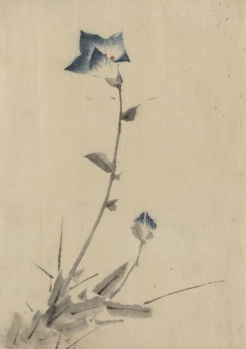 Katsushika Hokusai - Blue flower blossom and bud at the end of a stalk