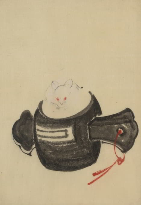 Katsushika Hokusai - Mouse, facing front, sitting on a mallet with red ribbon through a hole in the handle