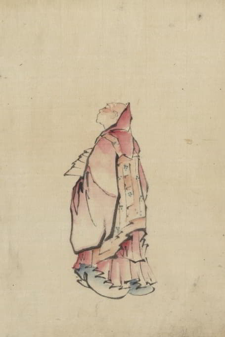 僧侣侧视图，全身肖像，面朝左侧，穿着带头巾的长袍