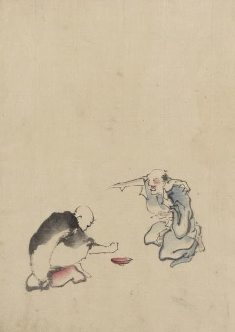 Katsushika Hokusai - Two men playing a game or gambling, possibly involving dice of some sort