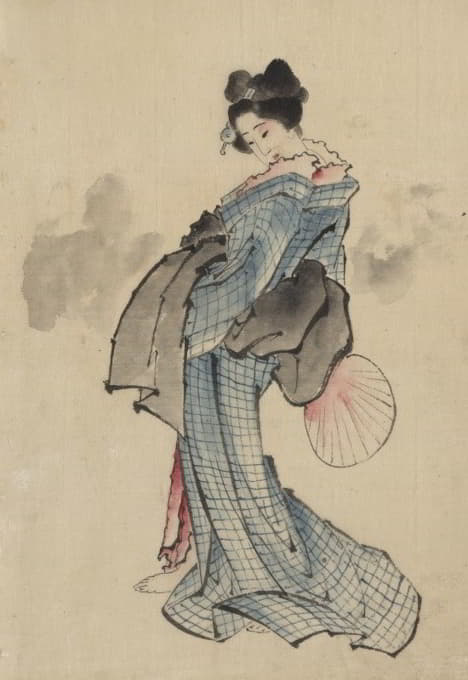 Katsushika Hokusai - Woman, full-length portrait, standing, facing left, holding fan in right hand, wearing kimono with check design