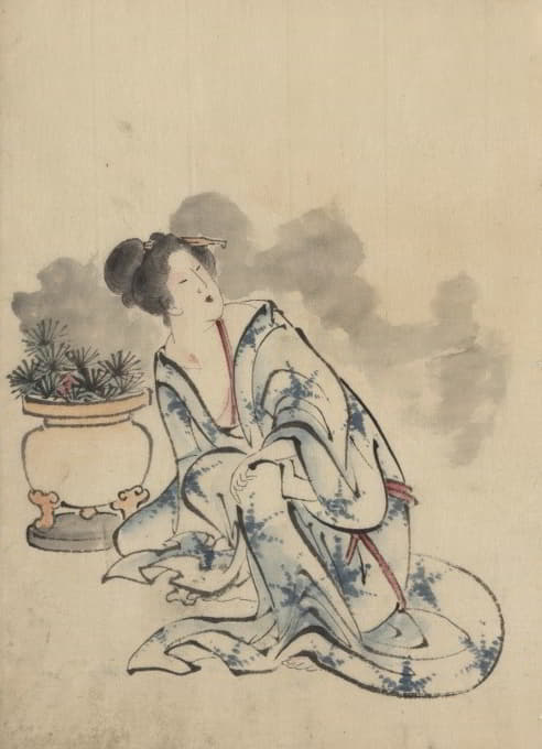 Katsushika Hokusai - Woman, possibly a courtesan, sitting next to a flowerpot