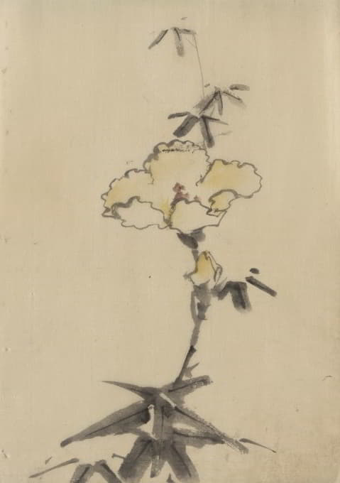 Katsushika Hokusai - Yellow blossom with bud on a stalk above leaves