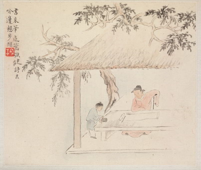 Hua Yan - A Man Sits at a Table before an Open Scroll; a Boy Mixes Ink