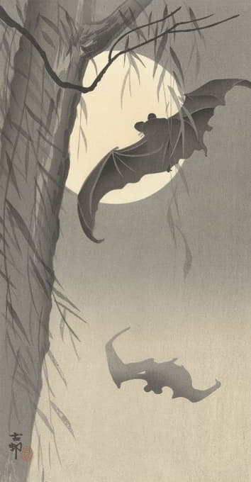Ohara Koson - Two bats at full moon