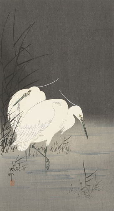 Ohara Koson - Two egrets in the reeds