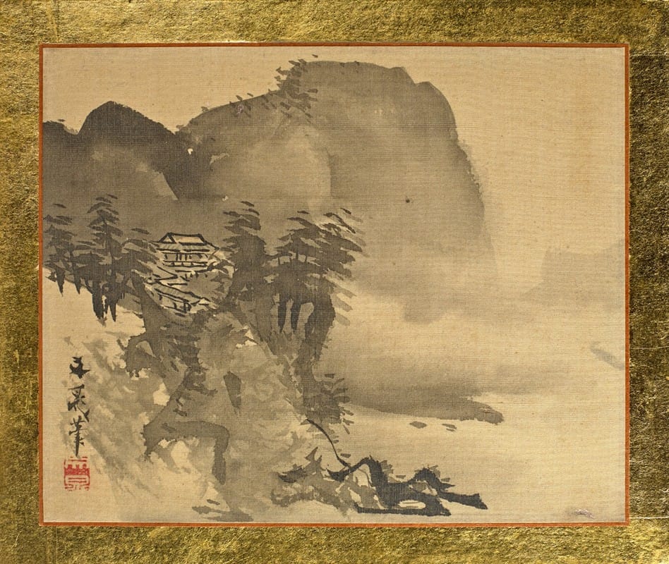 Tani Bunchō - A House on a Cliff with Mountains in the Background