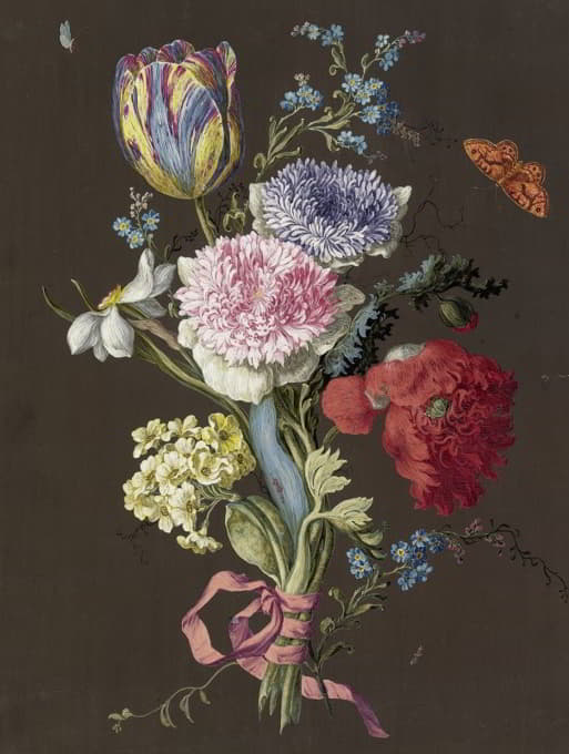 Anonymous - Blumengebinde aus Anemonen (Anemona), Tulpe (Tulipa), Mohn(Papaver), Narzisse (Narcissus) und Aurikel (Primula auricula) mit braunem Schmetterling