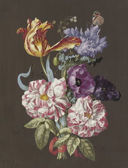 Anonymous - Blumengebinde mit Rosen (Rosa), Tulpen (Tulipa), Mohn (Papaver) und anderen Blumen, mit Admiral