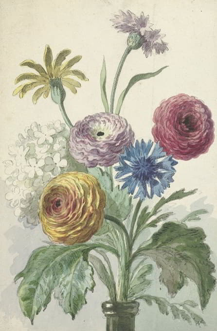 Willem van Leen - Boeket bloemen in de hals van een groene vaas
