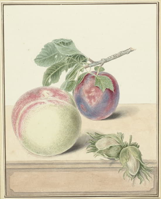 Elisabeth Geertruida van de Kasteele - Perzik, een pruim met blad en een paar noten, after Michiel van Huysum