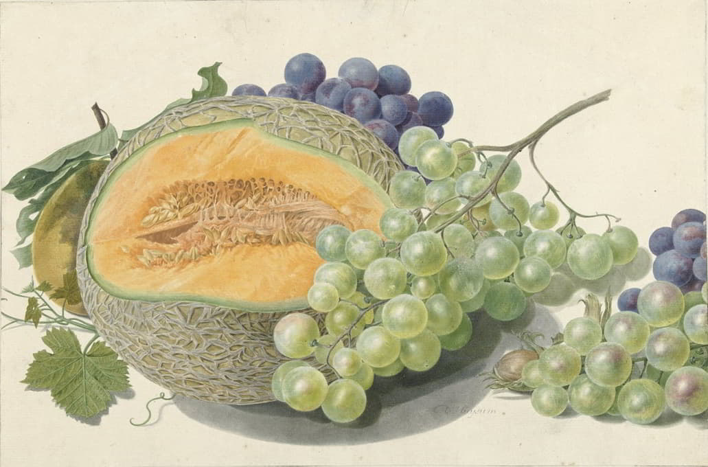 Michiel van Huysum - A Melon, Bunches of Grapes, a Peach and Hazelnuts