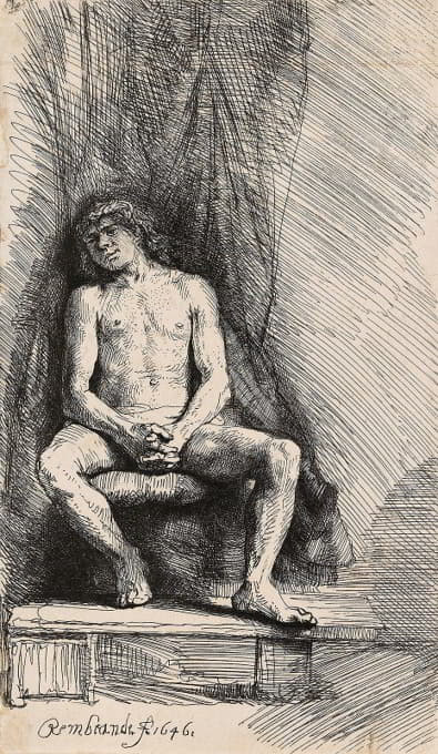 Rembrandt van Rijn - Nude Man Seated before a Curtain