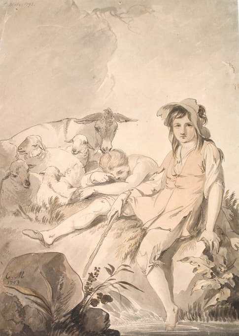 Conrad Martin Metz - Pastoral scene with two children and animals