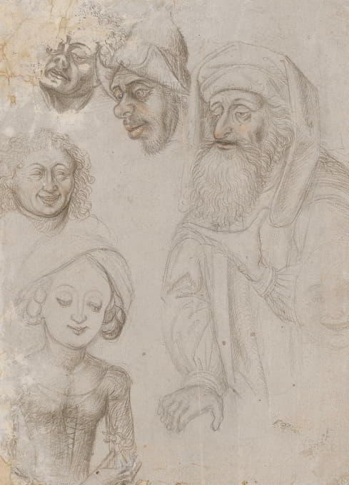 Caspar Isenmann - Study sheet with two half-figures and four heads