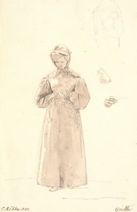 Christen Købke - Studie af kunstnerens søster Cecilie Margrethe, t.h. to skitser af hendes hoved samt skitser af hendes hals og skulder og af hendes højre hånd