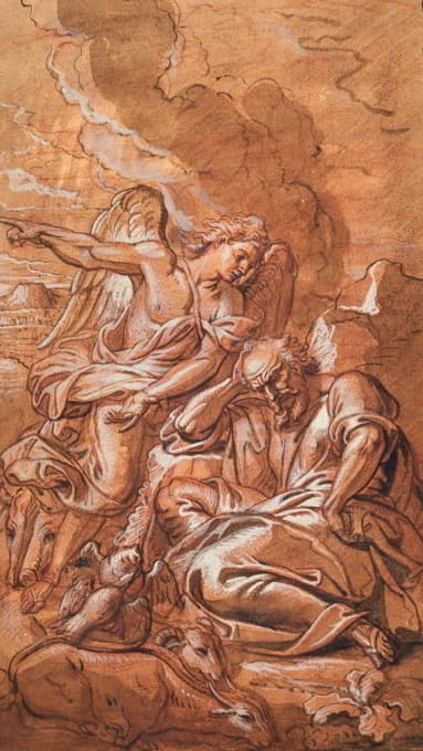 一个天使来到一个正在睡觉或发牢骚的男人身边，他被羊、牛和鸽子包围，坐在一片荒凉的土地上。1641-1806年，天使在沙漠中唤醒了埃利亚斯