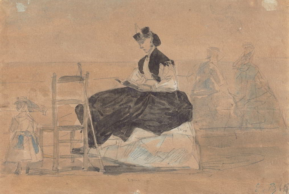 特鲁维尔海滩上一个穿着睡衣的女人