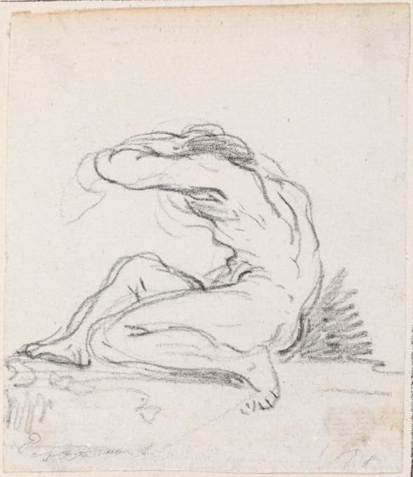 Hubert Robert - Seated Male Nude with Arm over Head, Seen from the Side