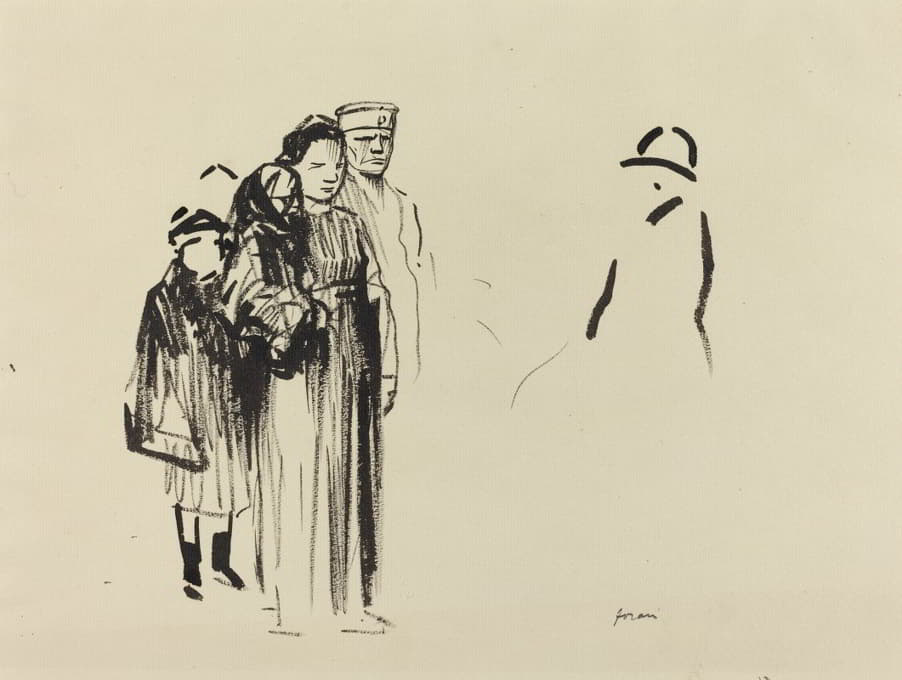 一名妇女和两名儿童与德国士兵在一起
