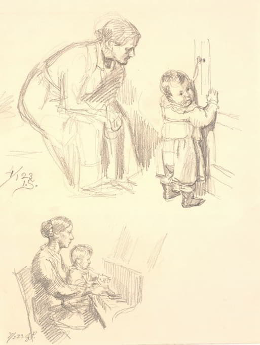 双重性格研究。上图：一个坐着的女人在门口看着一个孩子；在一个有钢琴伴奏的女人的屁股上