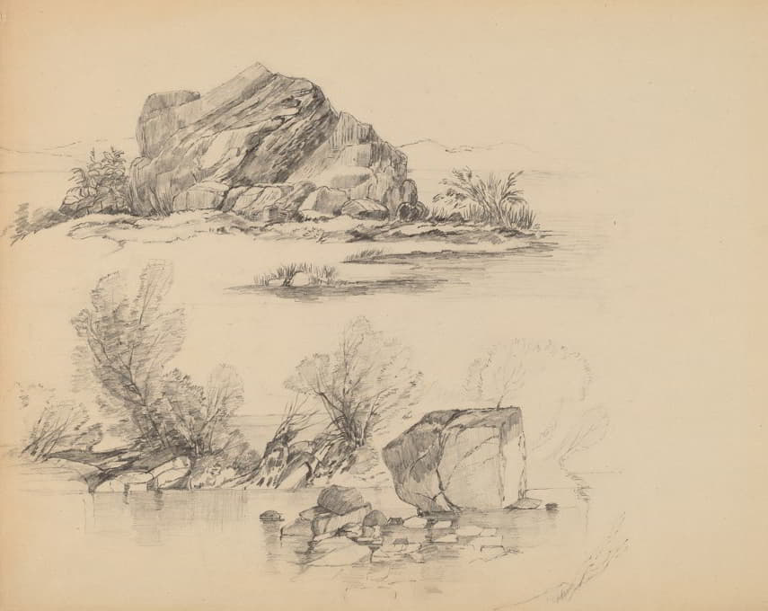 John William Casilear - Rocks Along a Lakeshore (recto)