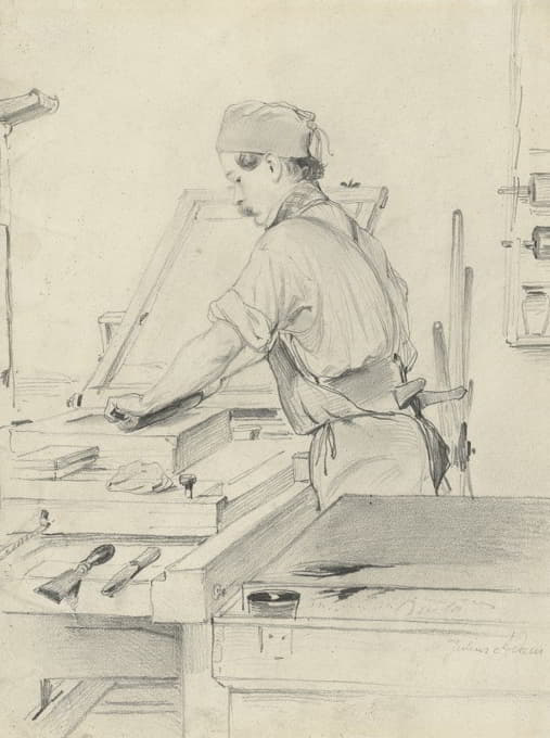 Julius Adam the elder - Self-Portrait Working at a Lithographic Press