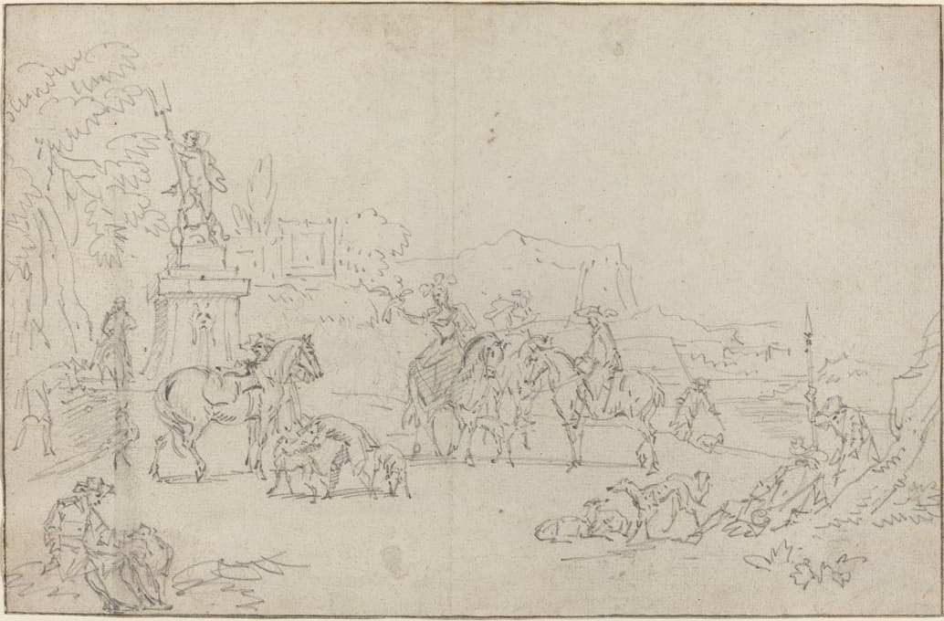 Pieter Bout - An Elegant Hunting Party Resting by a Fountain