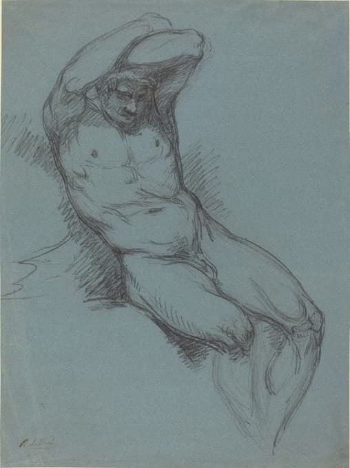 一个坐着的裸体男性，双手交叉在头上