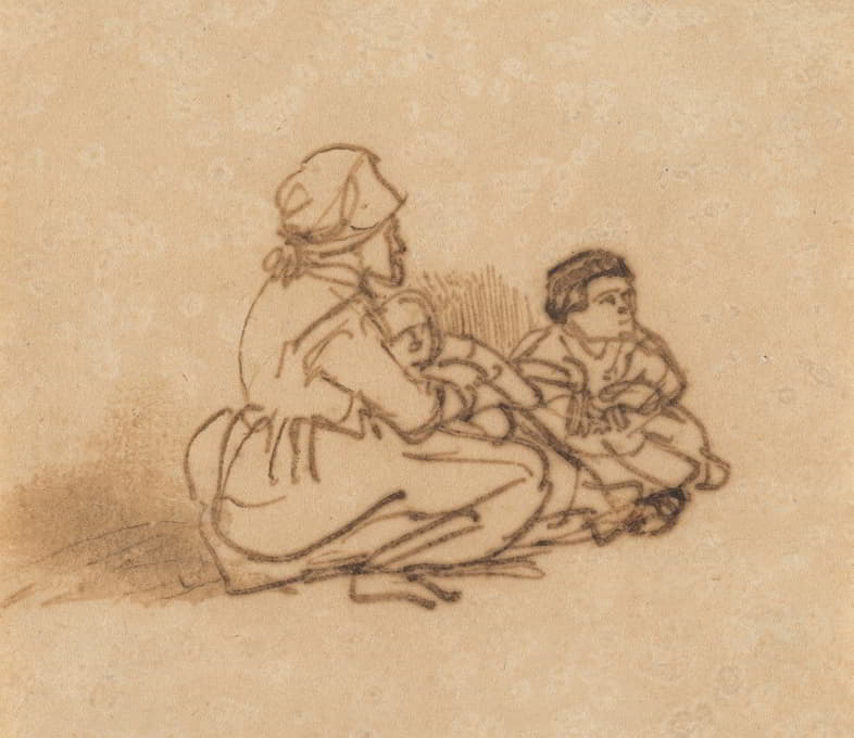 一名妇女和两个孩子坐在地上